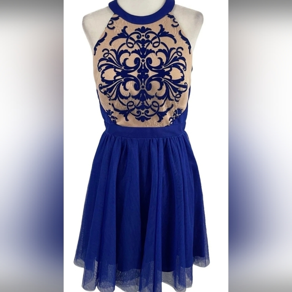 Blondie Nites Royal Blue & Cream Halter Style Neckline Fit & Flare Chiffon Mini